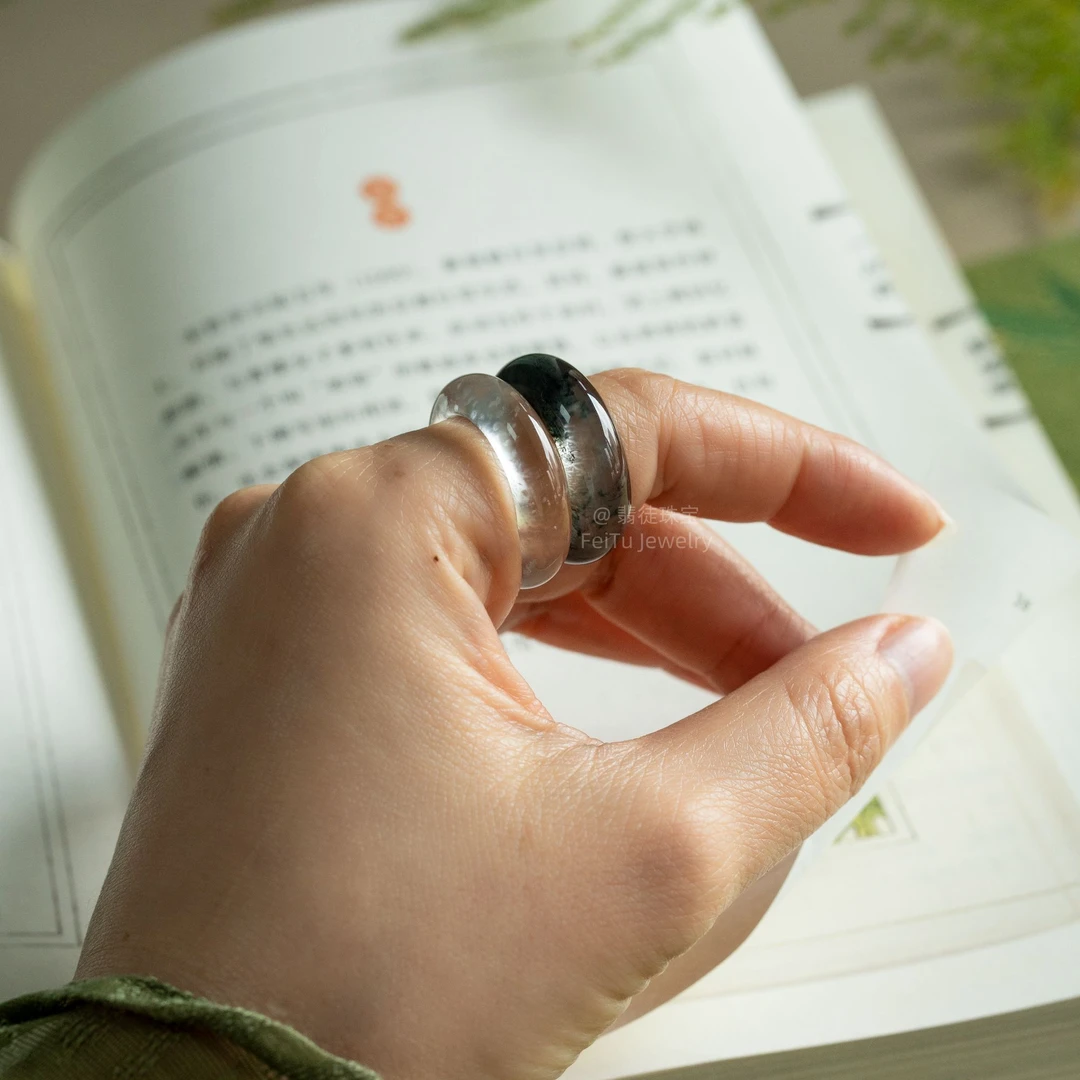 【水墨】天然石英质玉高冰乌鸡飘花雪花棉中式戒圈多样性发其一