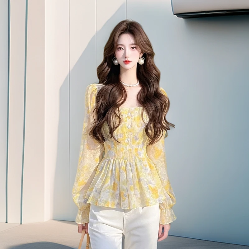 法式爆款黄色碎花衬衫女2025春季新款小个子洋气时尚减龄收腰衬衣