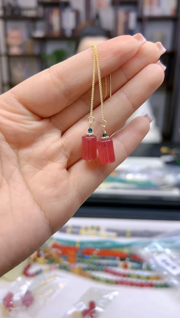 【闪购商品】西瓜碧玺耳饰银S925镀金镶嵌E708