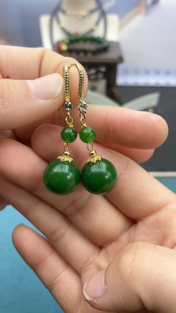 【闪购商品】和田玉耳饰银S925镶嵌碧玉双珠耳钩