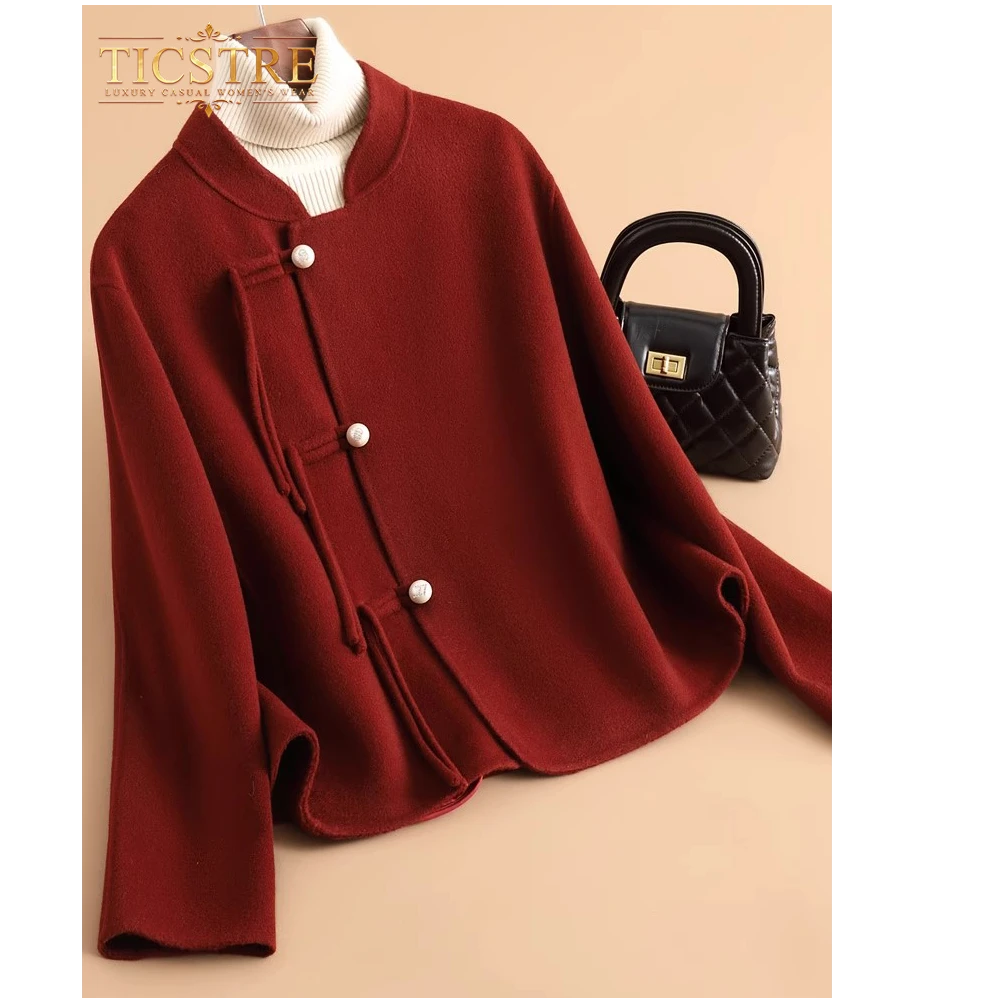 TICSTRE双面羊绒大衣女2025年秋冬小个子双面呢中国风羊毛呢外套