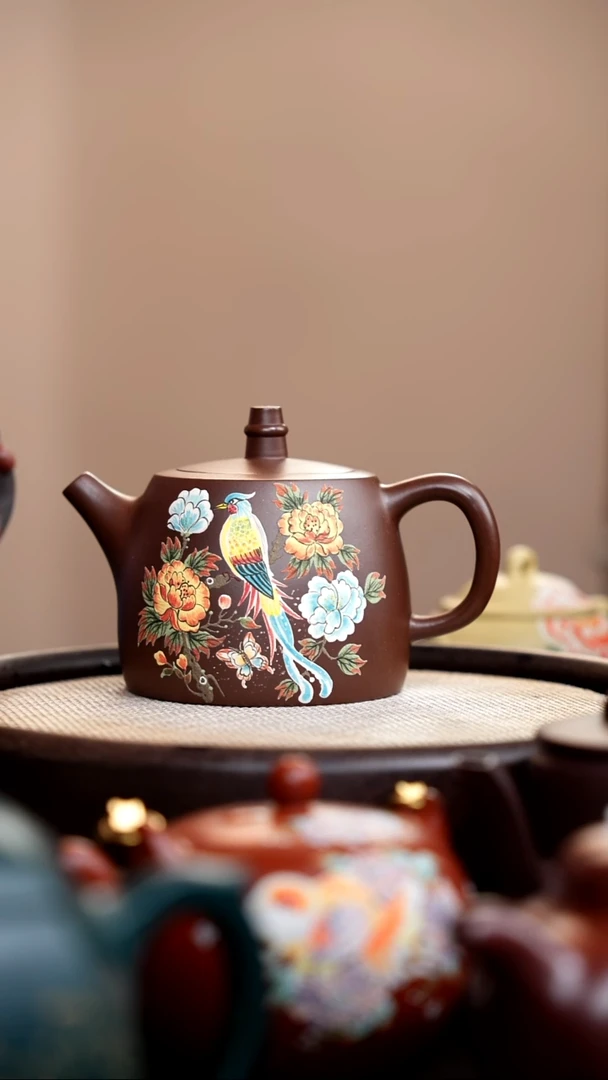 茶壶紫砂革紫泥汉铎泥绘花鸟