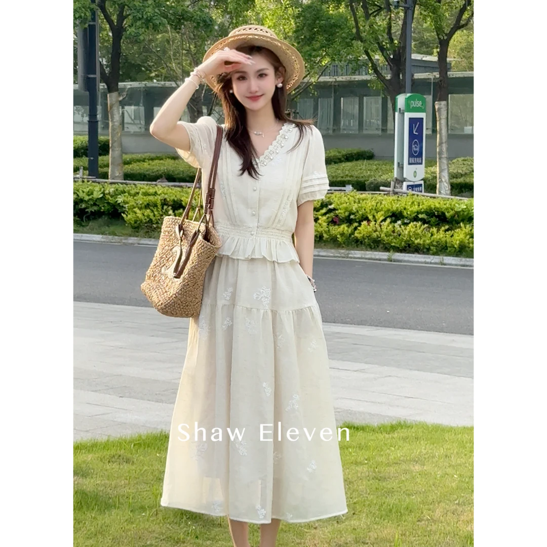 爱丁堡【ShawEleven】2025夏新木耳边珍珠领刺绣上衣半裙套装M2551