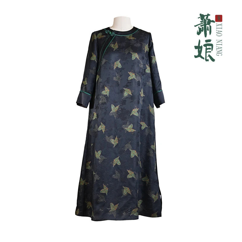 萧娘【福叠】香云纱连衣裙新中式中国风复古桑蚕丝女裙XN1870