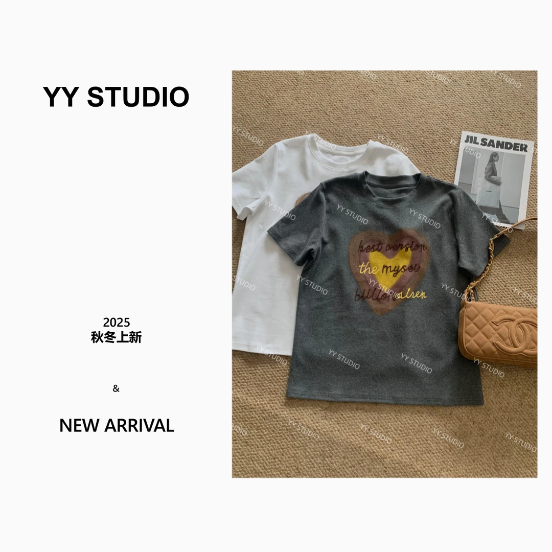 【YY STUDIO】日光岛屿 百搭显瘦长袖圆领简约印花设计感T恤上衣