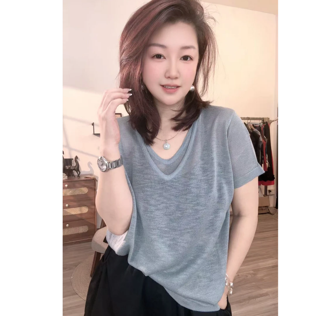 【广州薇姐】夏季休闲轻薄假两件套头针织T恤上衣817