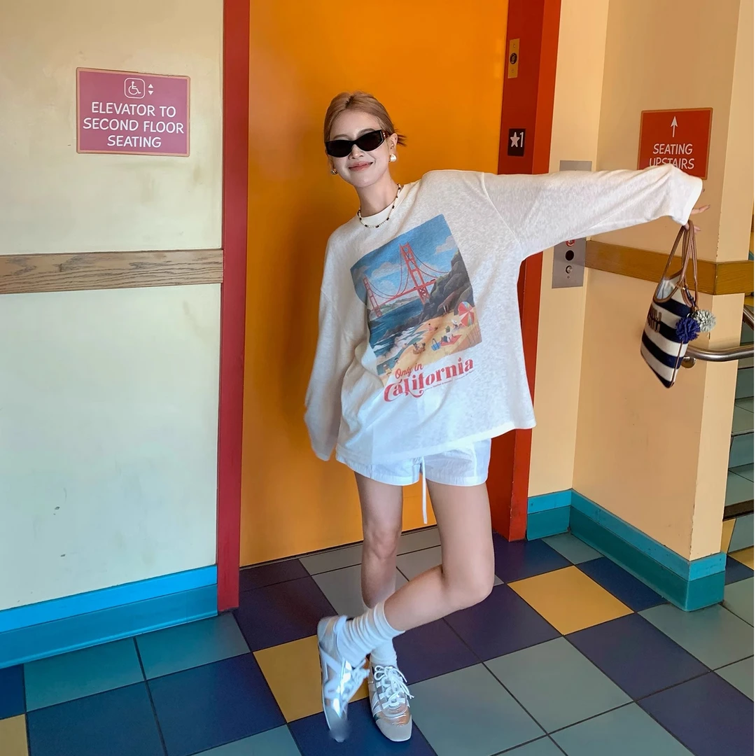 2025夏季新款韩系白色圆领印花宽松百搭休闲长袖防晒衫T恤上衣