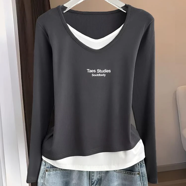 V领假两件正肩打底衫女2025年春季新款小个子减龄休闲长袖T恤上衣