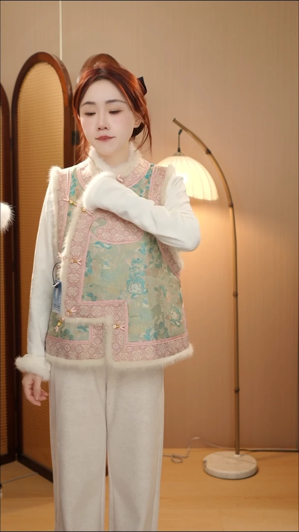 高定粉麒麟牡丹夹棉马甲