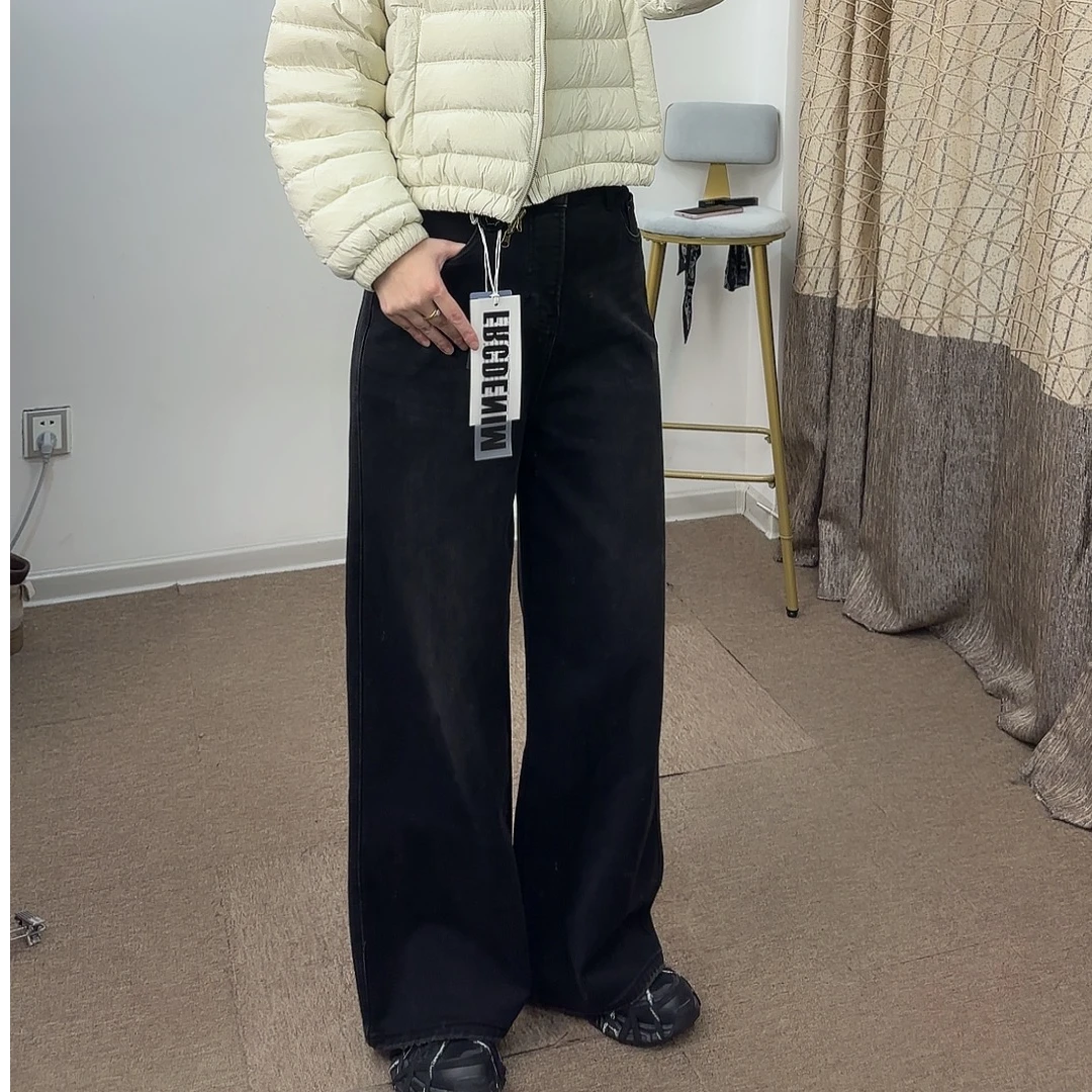【狗蛋妈】冬季加绒保暖牛仔裤宽松直筒简约时尚加厚黑色直筒裤9186