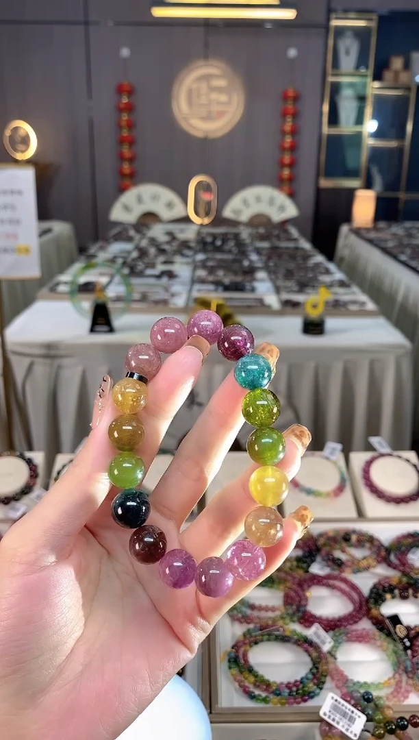 未镶嵌老矿碧玺色标彩虹单圈手串12mm+碧玺dan多样性发货一条