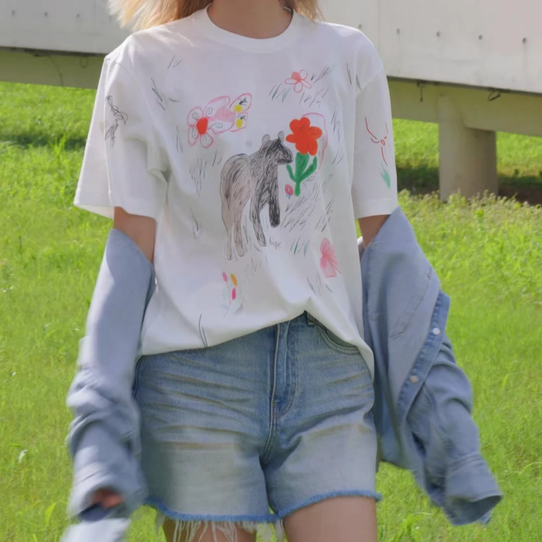 【小红花熊】NE2025夏款宽松趣味图案印花中袖大版T恤短袖1125 Q