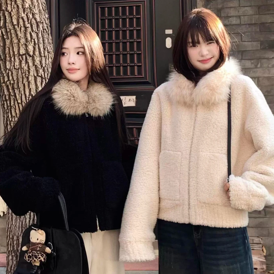 气质仿羊羔毛长袖外套女冬季2025新款设计感宽松显瘦拉链开衫上衣