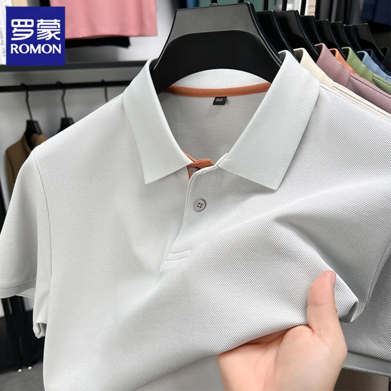 Romon/罗蒙夏季男士桑蚕丝短袖polot恤高级Polo衫男装翻领