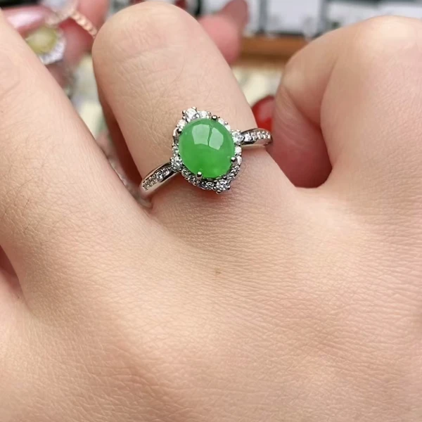 鑫辰珠宝天然A货翡翠银镶嵌设计款开口女戒指时尚百搭