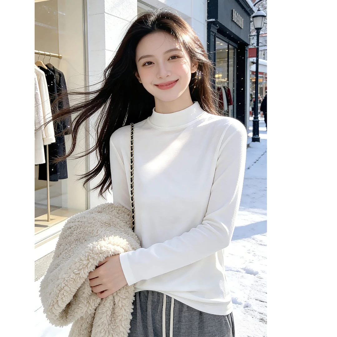 半高领纯色打底衫女秋冬新款正肩亲肤休闲长袖内搭T恤衫加绒上衣