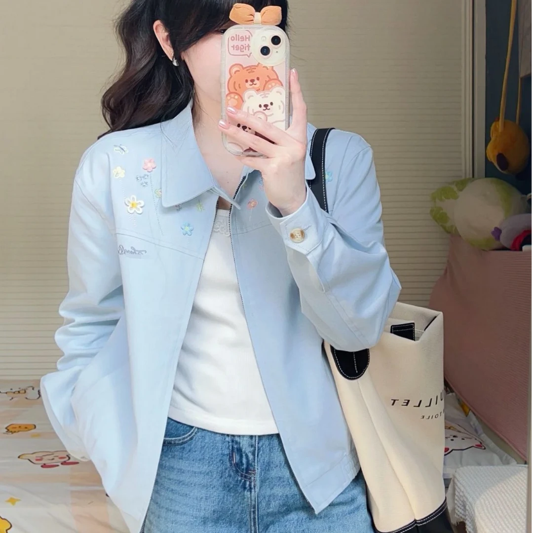 秋季小花刺绣外套女2025新款爆款美式复古宽松休闲立领夹克上衣潮