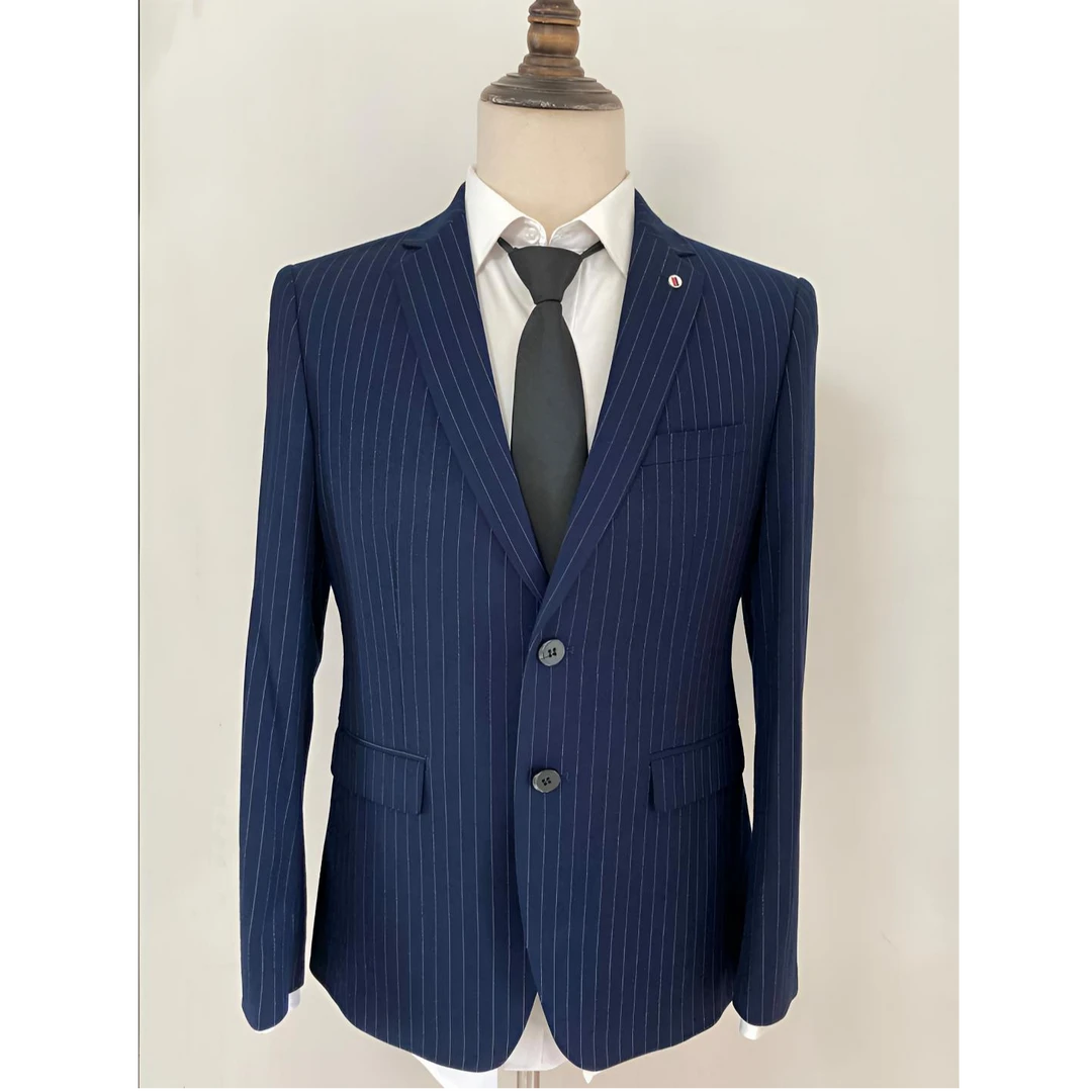 【商场品质套装】蓝色条纹西服套装男商务韩版时尚休闲西服男士