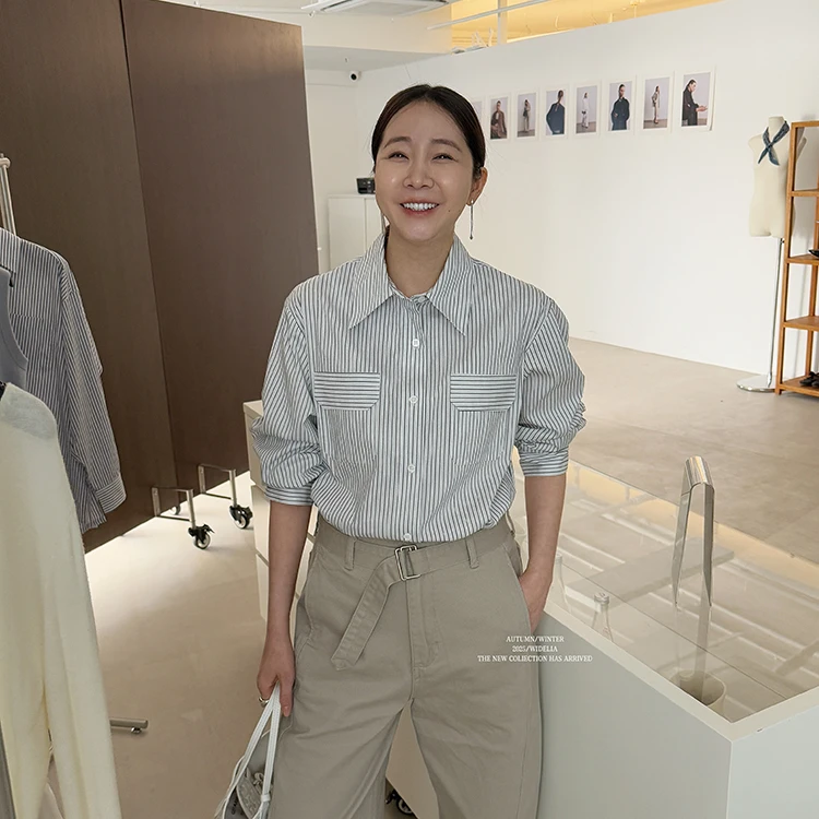 widelia陈姬儿春夏韩版简约百搭条纹衬衫女宽松休闲显瘦上衣7112