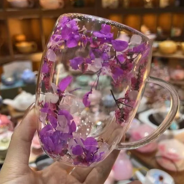 高颜值花杯创意新品单杯双层杯家用咖啡杯玻璃杯子G0010