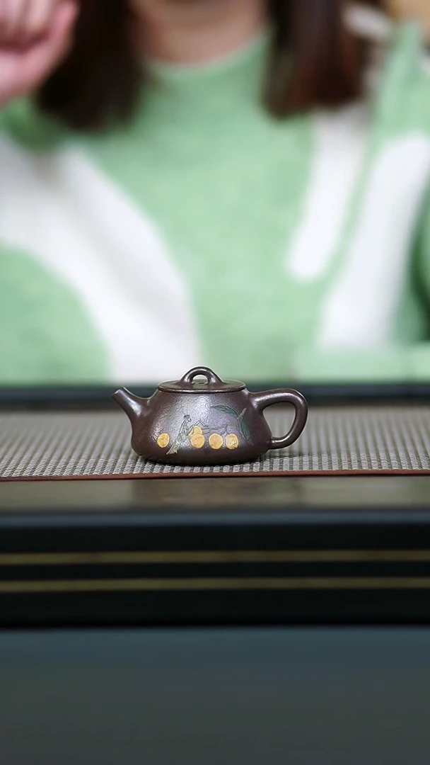 茶壶紫砂全手朱泥柴烧泥绘小平盖80cc
