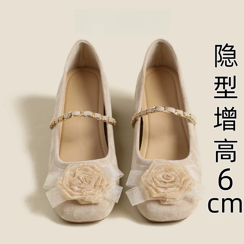 内增高小个子一字扣玛丽珍鞋绒面花朵方头浅口法式复古百搭单鞋女