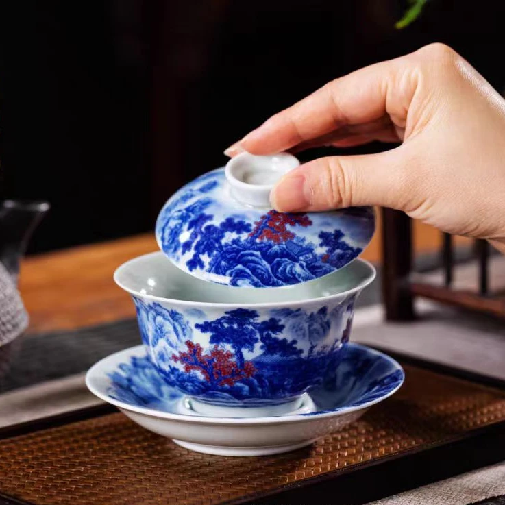 景德镇瓷器泡茶碗仿古泥青花釉下红山水家用泡茶三才陶瓷盖碗茶具