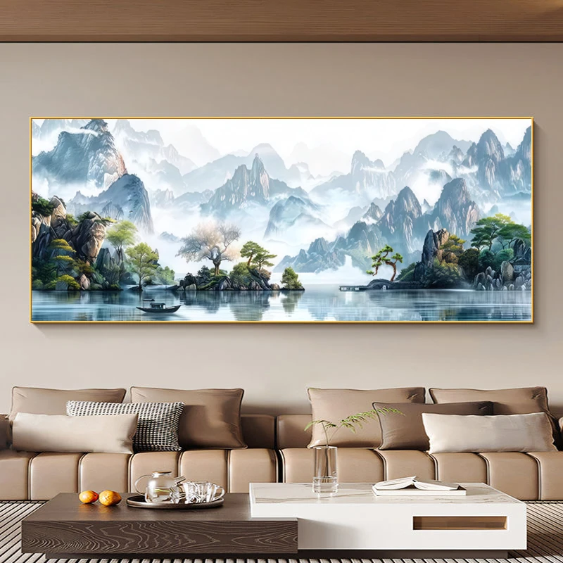 山水画客厅装饰画沙发背景墙挂画餐厅风景画迎客松水墨画