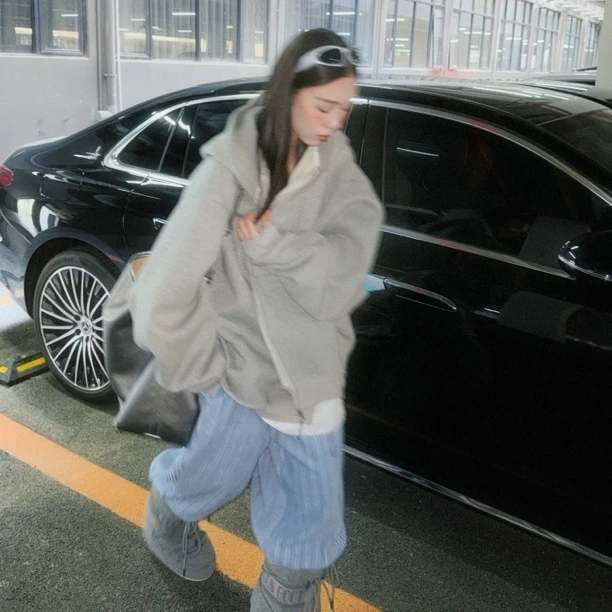 HELLOTANGO《潘帕斯蓝》小众巴家色织宽松加绒直筒阔腿卫裤54170#