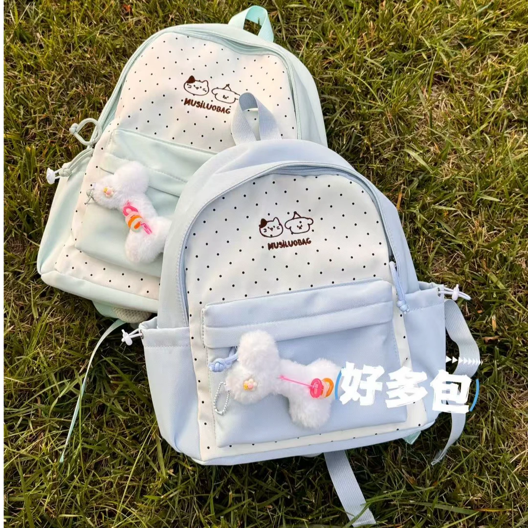 新款波点小猫小狗可爱简约书包双肩包大学生百搭初高中大容量书包