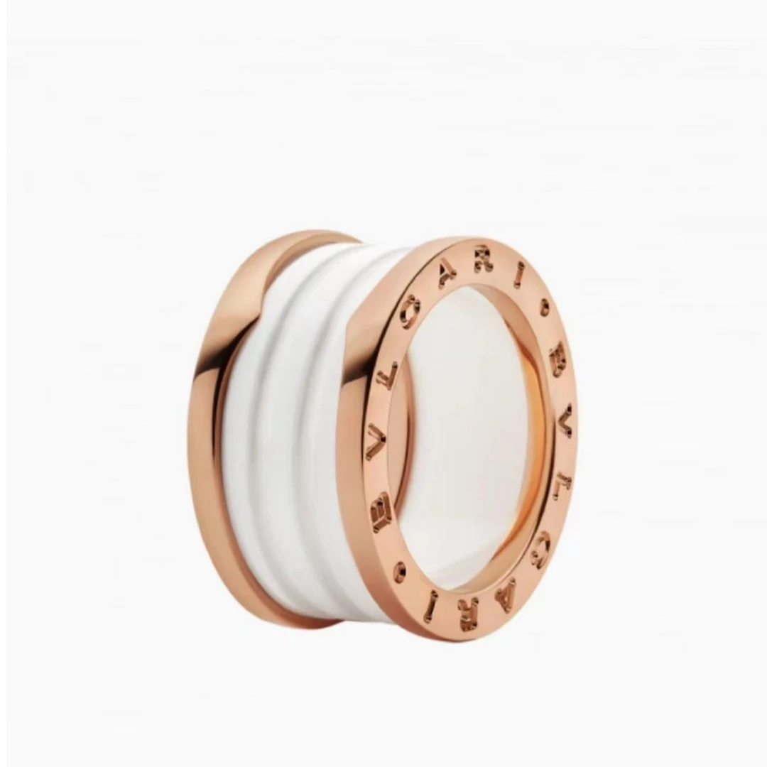 99新 BVLGARI/宝格丽 经典 玫瑰金白陶瓷四环戒指指环