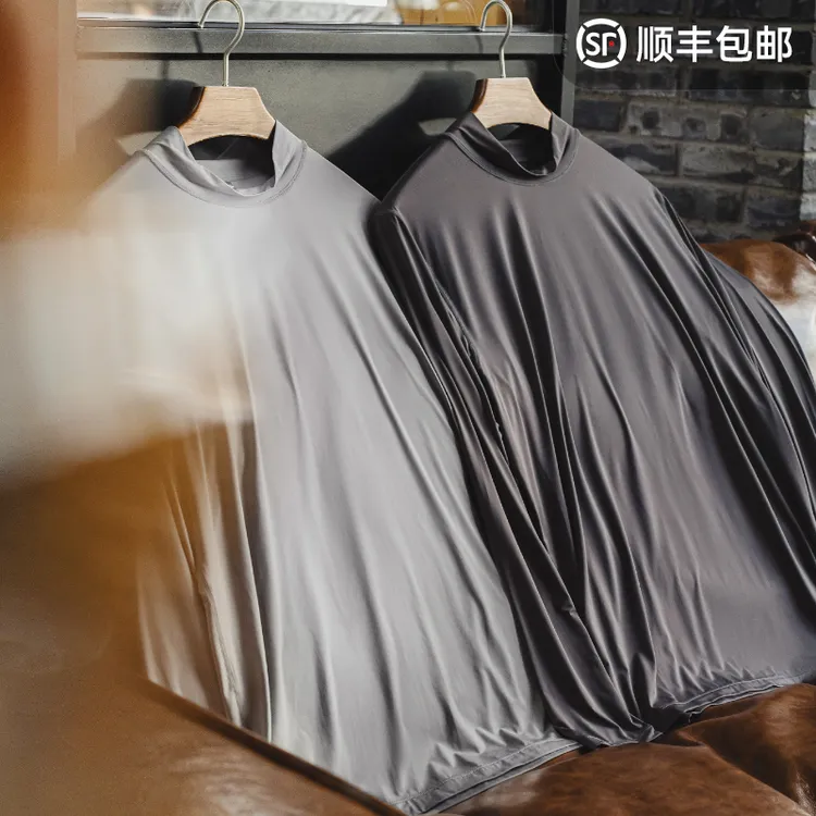 马登工装美式半高领长袖T恤健身弹力灰色修身冰丝内搭打底男士秋