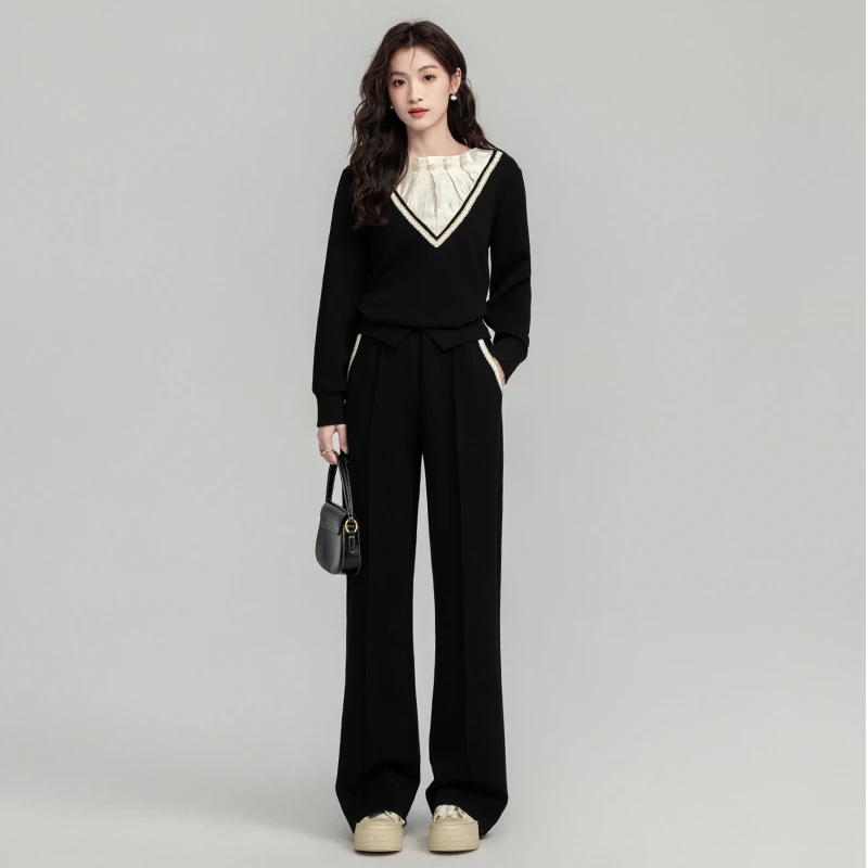 轻奢高端时尚套装女2025春季法式黑色拼接小香风上衣阔腿裤两件套