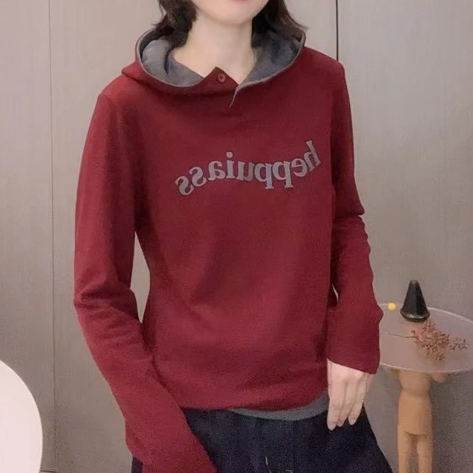 小鑫肝@现货浮力重工假两件连帽英文印花休闲百搭T恤 5523