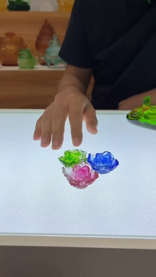 琉璃手工艺品牡丹花茶宠三朵红蓝绿三朵
