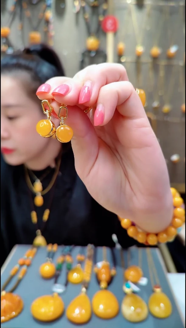 蜜蜡银S925镀金镶嵌珠宝奇石﹣G296蜜蜡耳坠