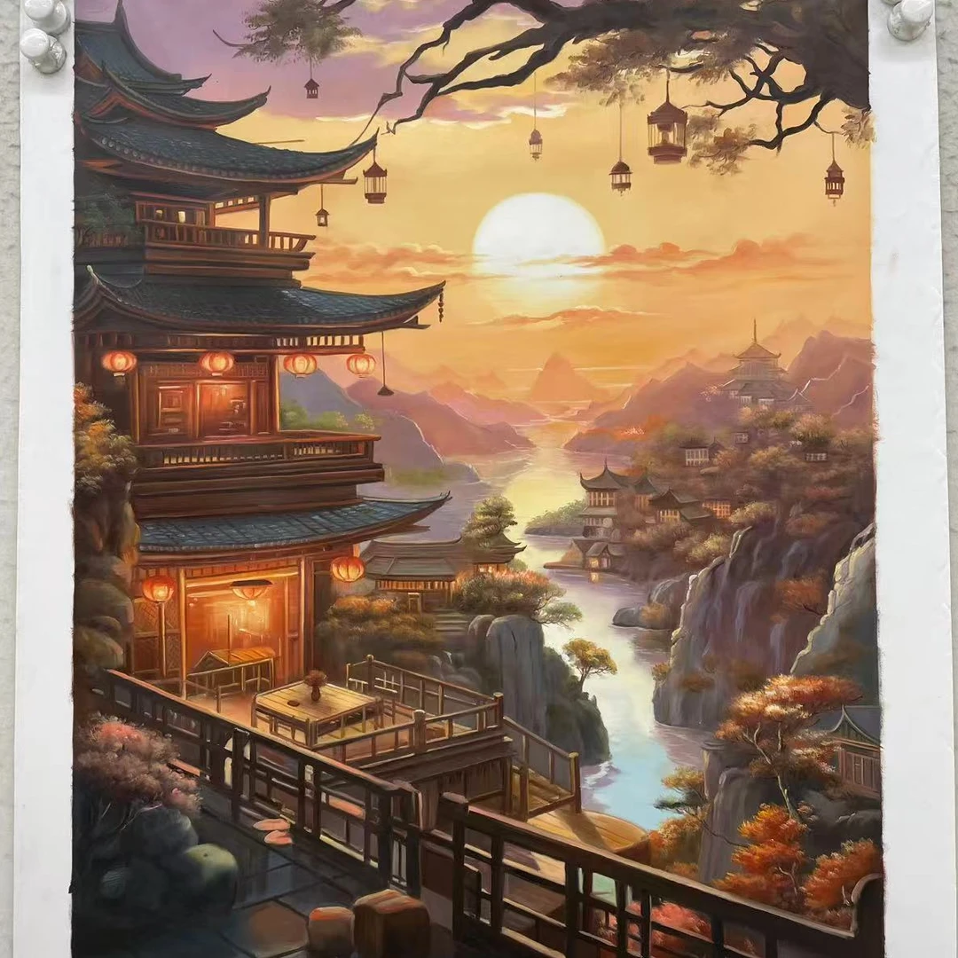 林彦新 ***-锦绣山河-阁楼月亮-约75*100厘米-手绘油画-麻布