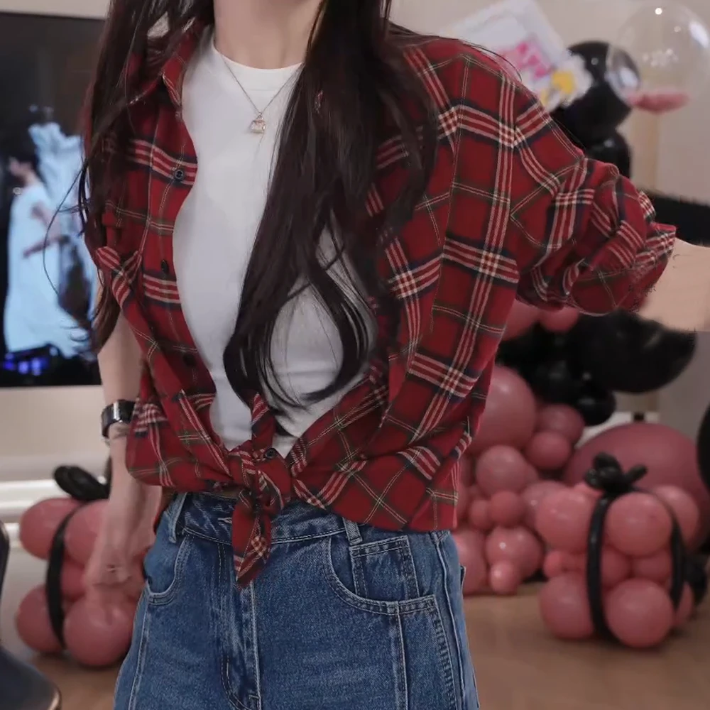【虞书欣同款】2025早春款复古文艺红格子长袖衬衫女长袖衬衣上衣