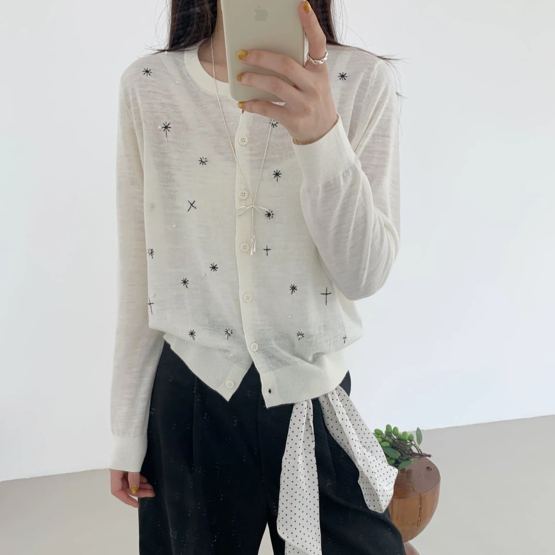 【素简.820161】春款上新幻彩亚麻重工开衫红人上新混纺针织衫