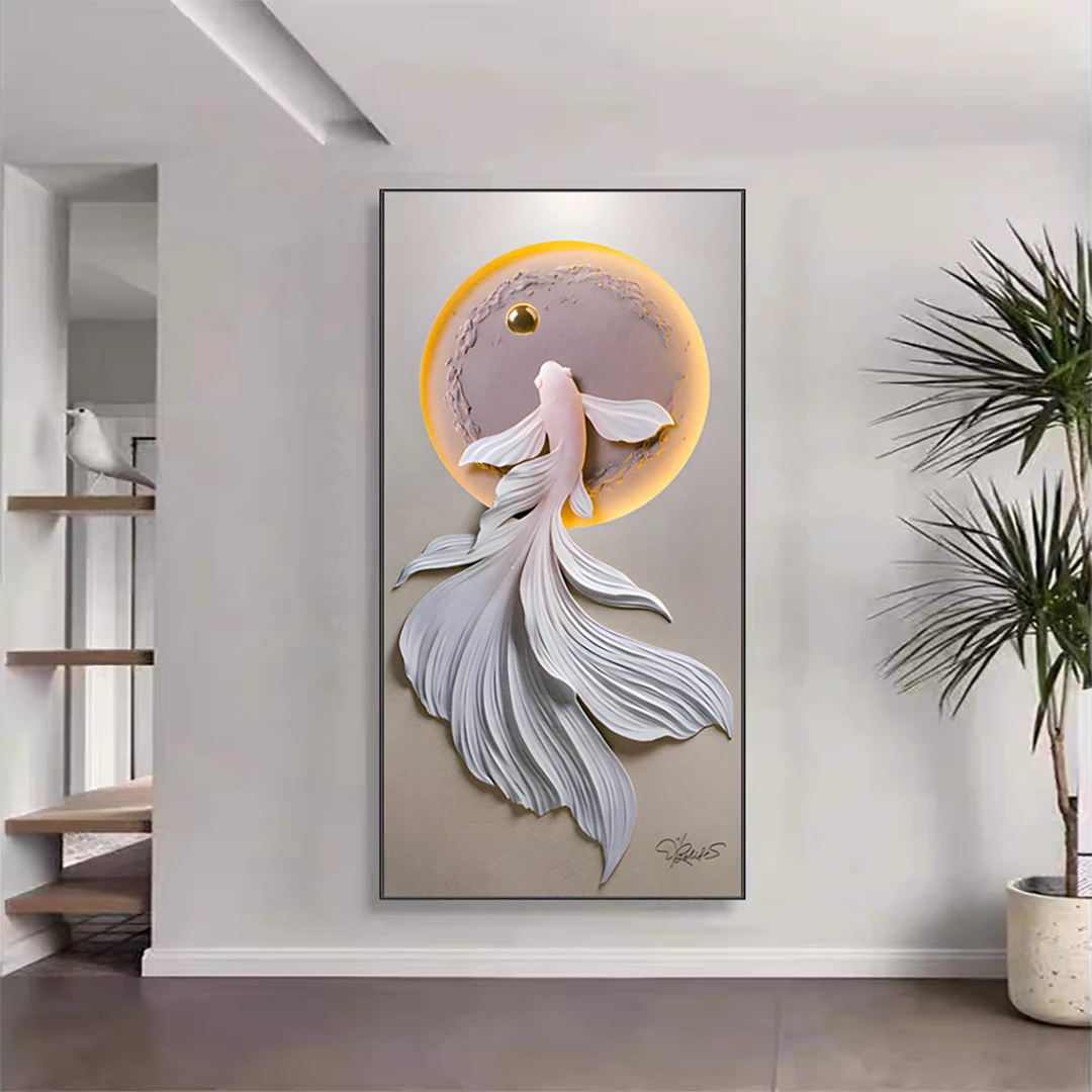 新中式荷花九鱼入户门不带灯玄关装饰画走廊过道尽头竖版晶瓷挂画