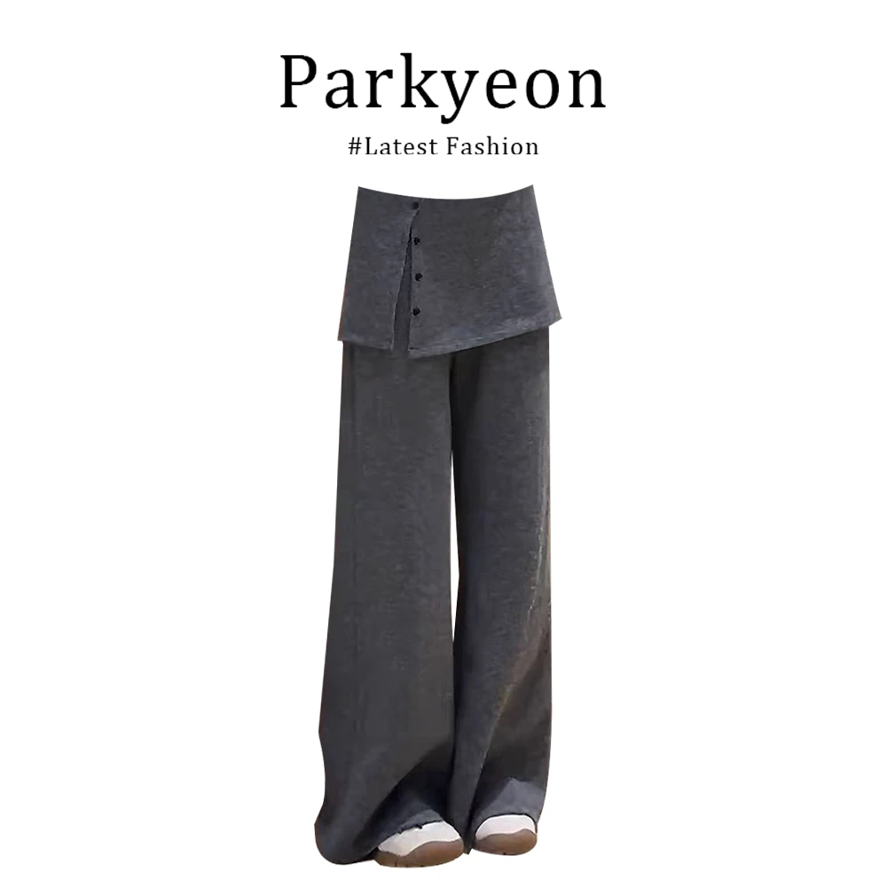 INS CEC灰色拼接假两件屁帘休闲裤女秋冬新款高腰显瘦微喇长裤子