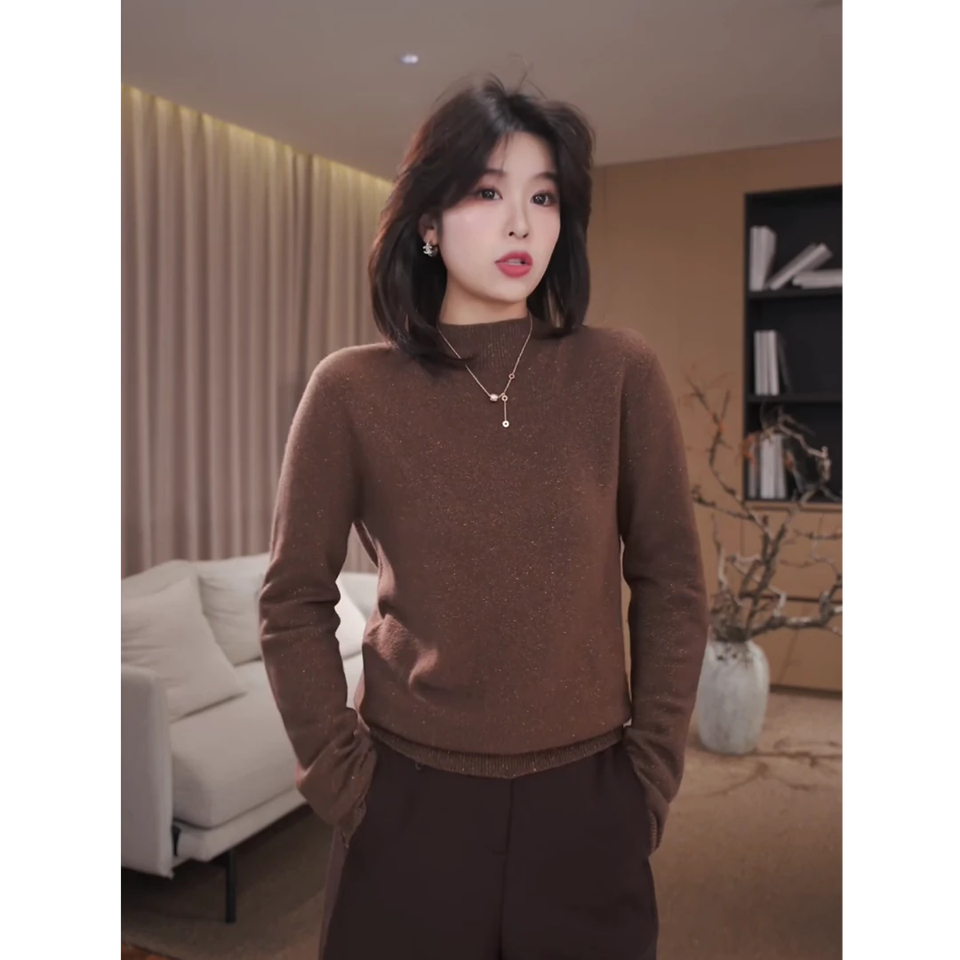 广州琴姐【细闪云绒】琥珀流光显瘦半高领闪闪针织打底羊毛衫女9513