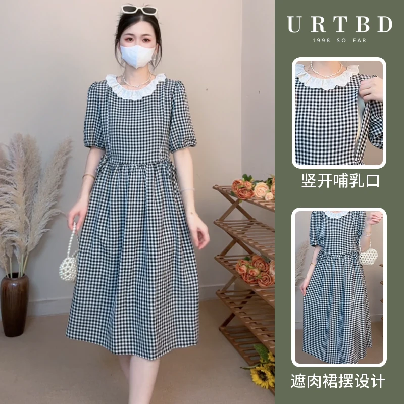 花领格子夏季时尚复古温柔风百搭新款设计感孕妇产后哺乳款连衣裙