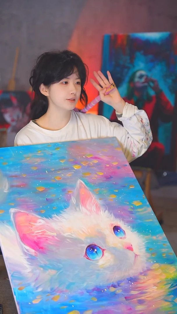 油画旅****?大尺寸猫咪丙烯画纯手绘