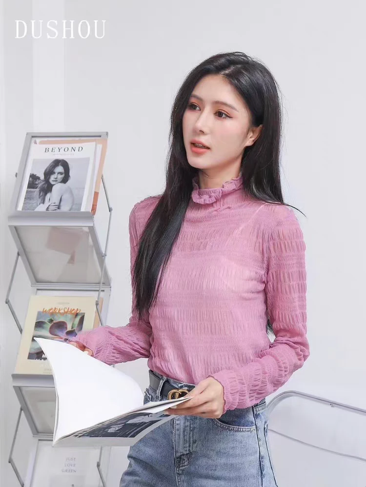 【张哥精选】锦纶半高领蕾丝打底衫女早秋网纱上衣YW-22665