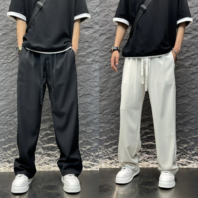夏季新款抽绳纯色美式复古高街长裤宽松百搭直筒垂感直筒裤子男士