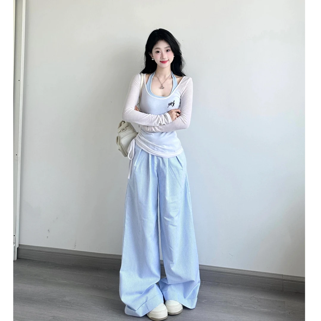 蓝色挂脖吊带背心女夏季薄款修身防晒罩衫条纹休闲阔腿裤三件套装