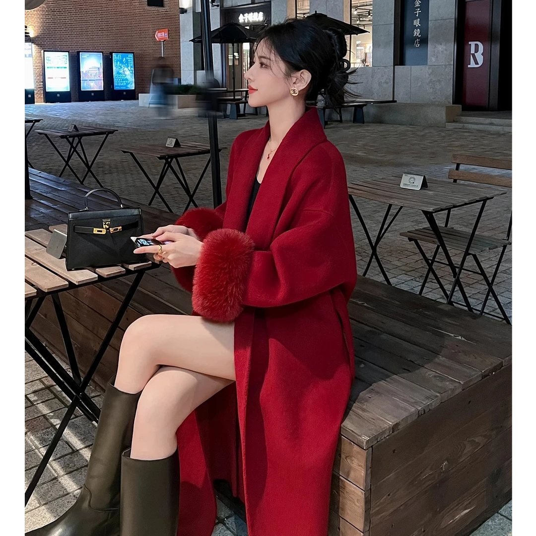 红色双面呢子喜庆过年大衣女2024冬装新款高端毛袖口气质毛呢外套