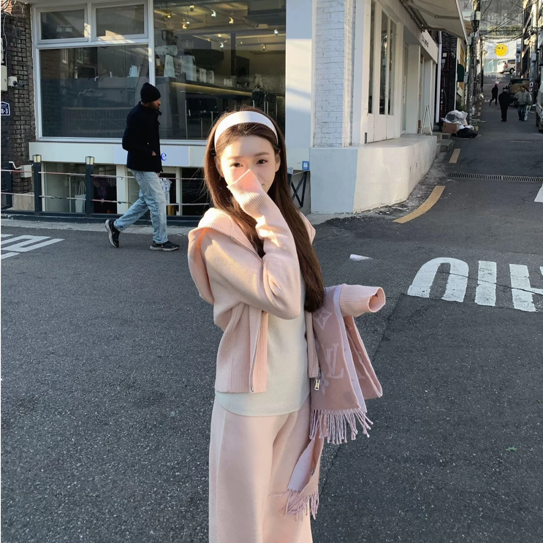 2025秋冬新款时尚套装气质显瘦长袖开衫连帽上衣宽松直筒长裤套装