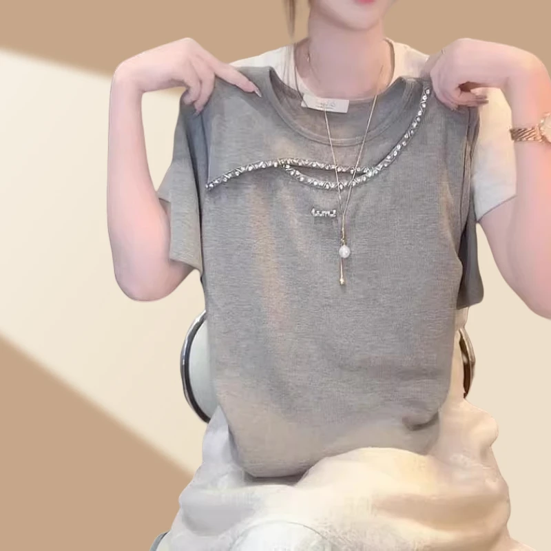 欧洲站夏季新款设计感短袖t恤女装修身百搭重工烫钻镂空上衣ins潮